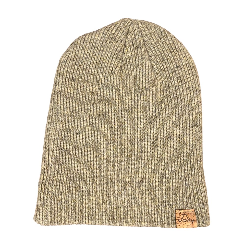 Salty 100% Merino Wool Beanie Heathered Olive Tan Engraved Cork Tag Portland OR